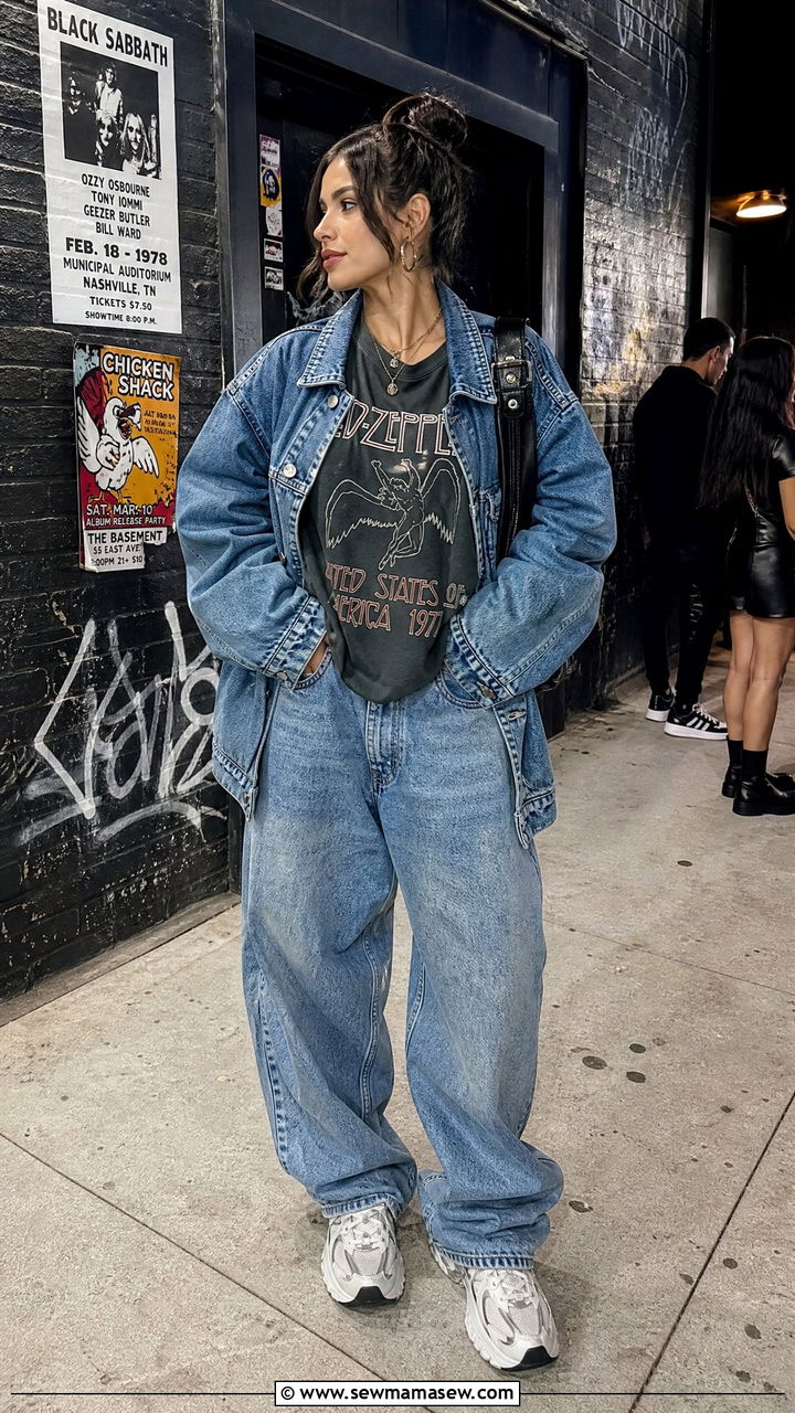 Denim Jacket With Graphic Tee and Baggy Jeans - 25 Chicago outfit ideas