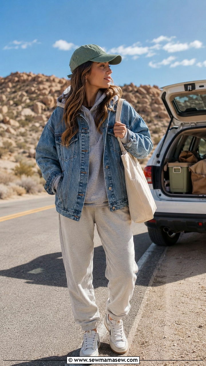 Denim Jacket With Hoodie And Joggers - 30 spring denim jacket outfit ideas
