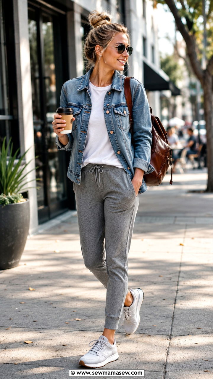 Denim Jacket With Joggers And Sneakers - 30 Spring outfits with denim jacket
