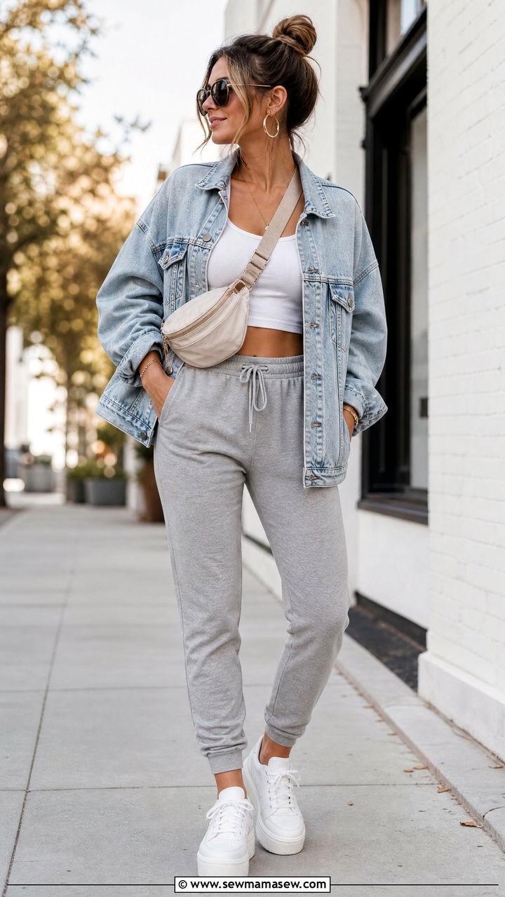 Denim Jacket With Joggers Outfit - 25 how to style denim jacket