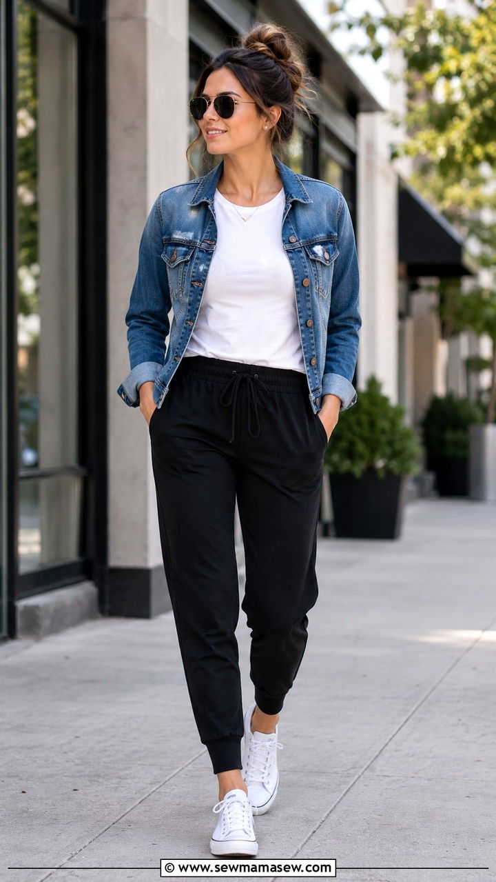 Denim Jacket With Joggers and a Basic Tee - 30 Spring outfits with joggers