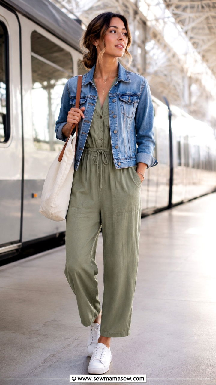 Denim Jacket With Jumpsuit and Sneakers - 30 Denim jacket outfit ideas for spring