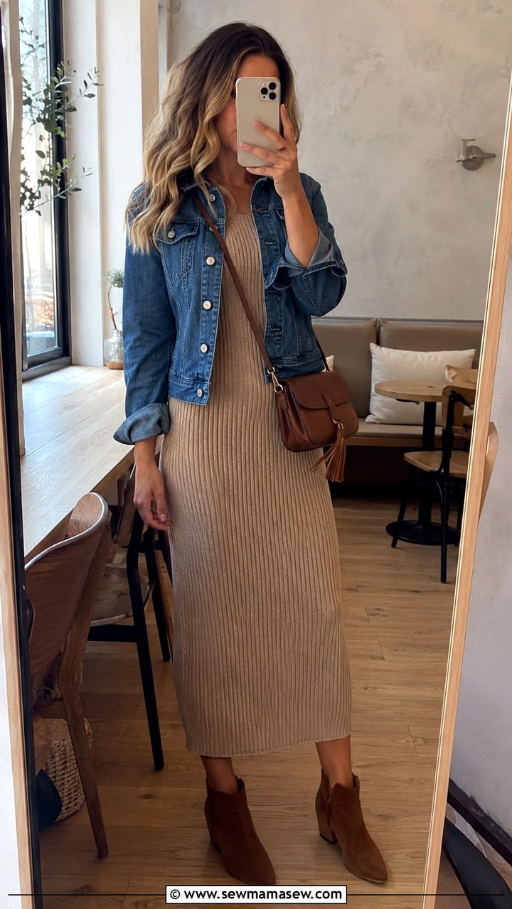 Denim Jacket With Knit Dress and Ankle Boots - 30 Denim jacket outfit ideas for spring