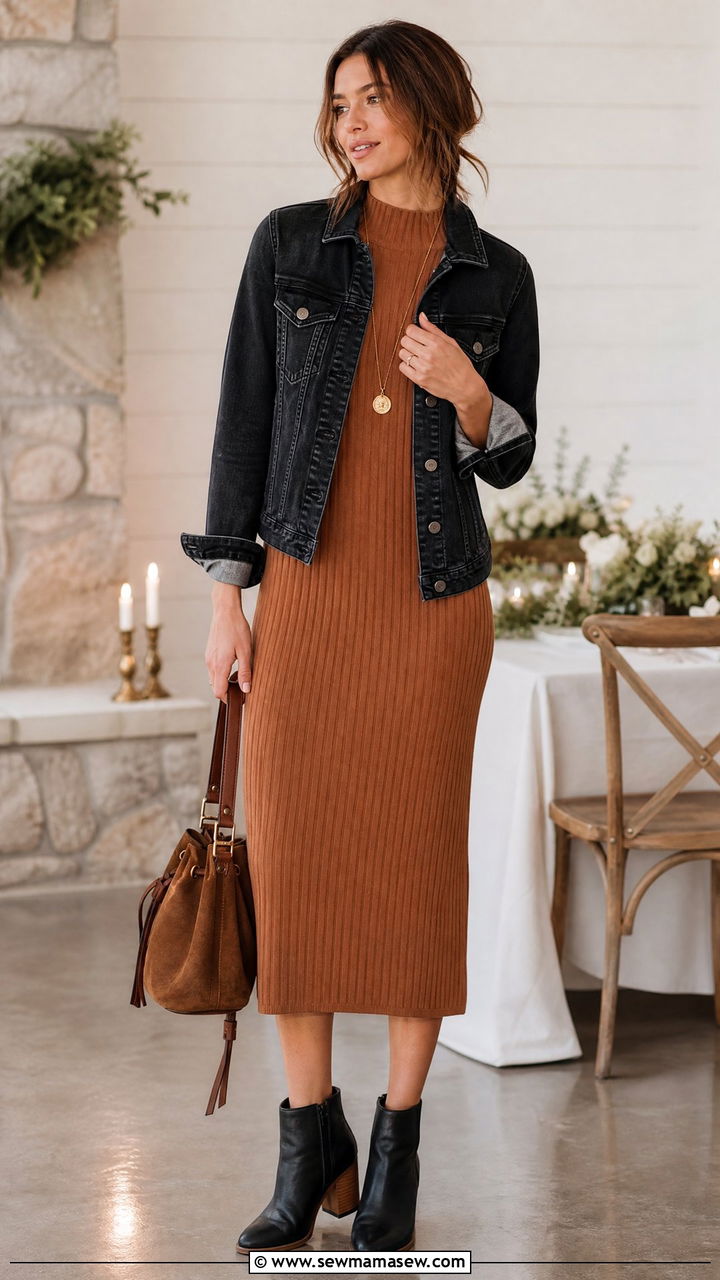 Denim Jacket With Knit Midi Dress And Ankle Boots - 35 How to style a denim jacket for a wedding