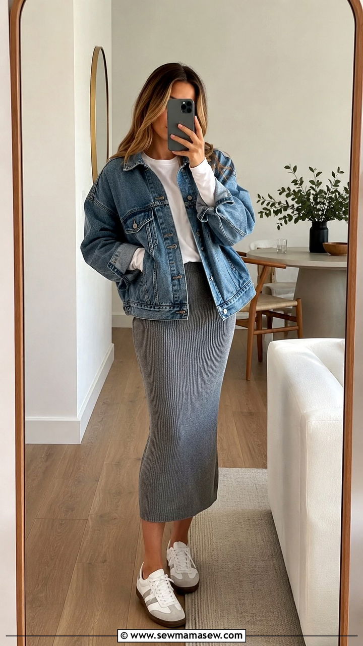 Denim Jacket With Knit Midi Skirt - 30 Denim jacket outfit ideas with a skirt