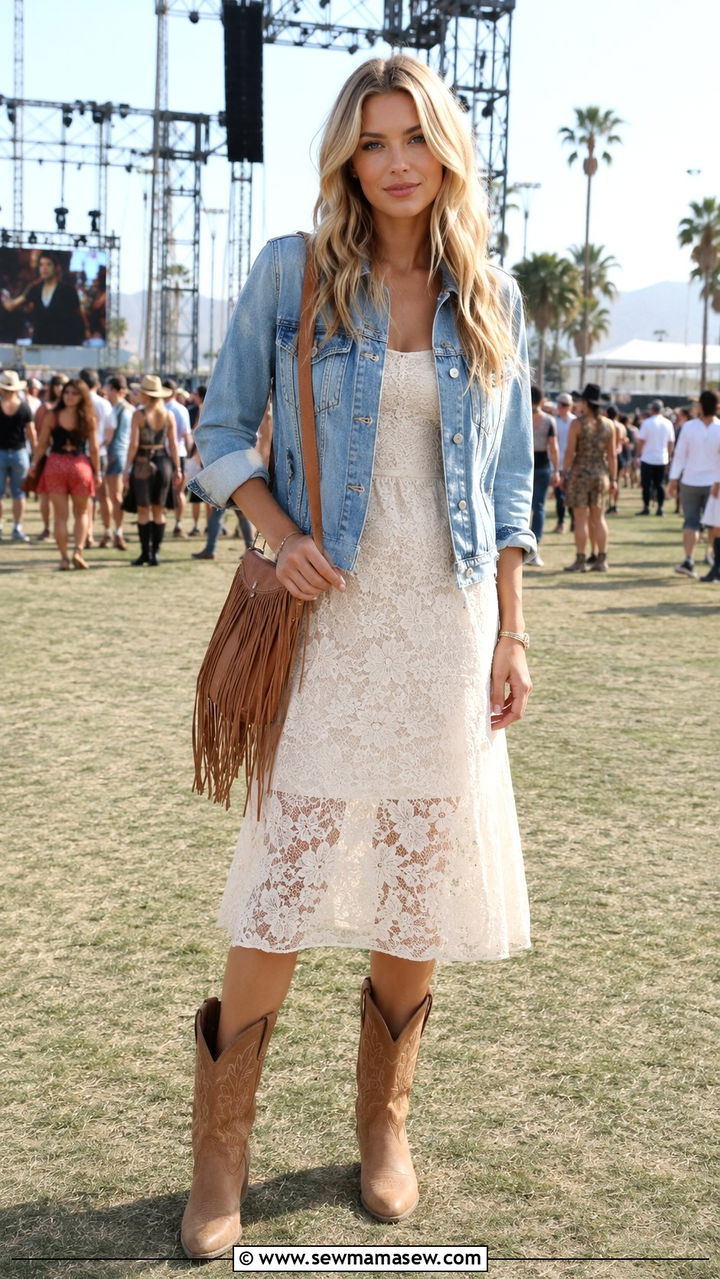 Denim Jacket With Lace Dress And Cowboy Boots - 30 Denim jacket outfit ideas with a dress