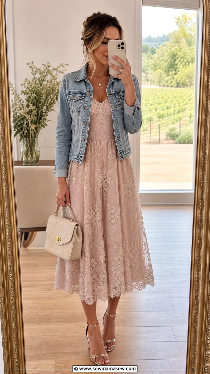 Denim Jacket With Lace Midi Dress And Strappy Heels - 35 How to style a denim jacket for a wedding