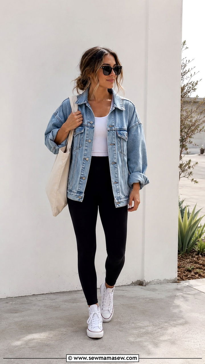 Denim Jacket With Leggings And High Top Sneakers - 30 spring sporty chic outfit ideas