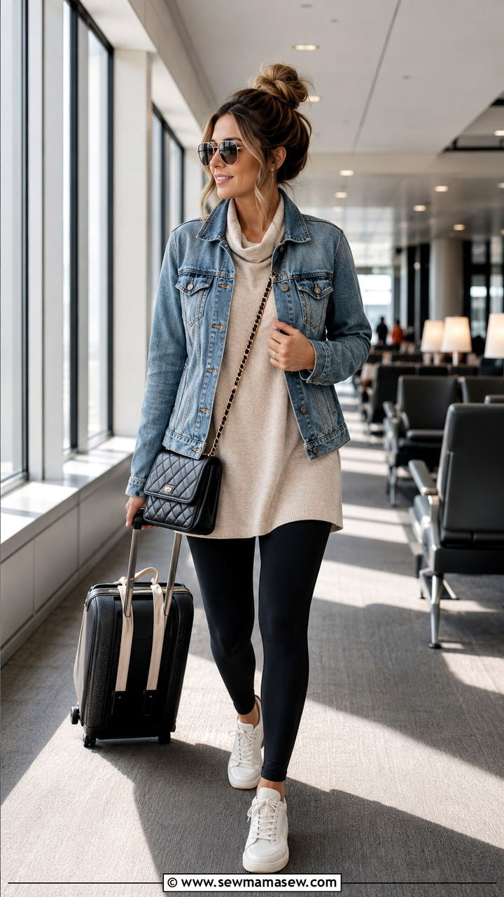 Denim Jacket With Leggings and Tunic Sweater - 30 Denim jacket outfit ideas for spring