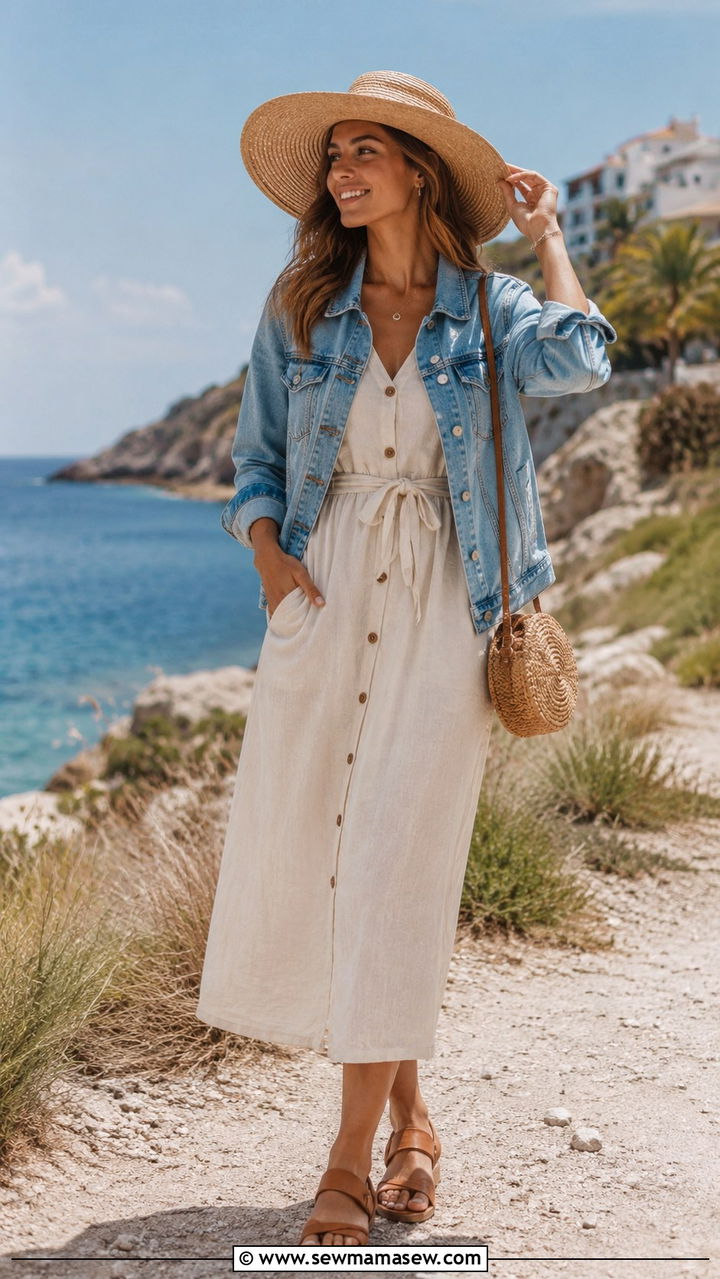 Denim Jacket With Linen Midi Dress And Straw Hat Summer Travel Outfit - 30 How to style a denim jacket for travel
