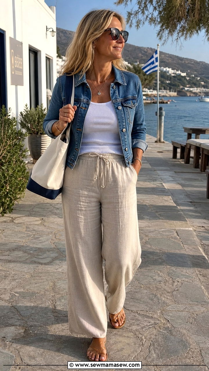Denim Jacket With Linen Trousers And A Tank Outfit - 20 denim jacket outfits for women over 40