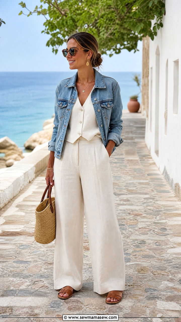 Denim Jacket With Linen Trousers And Linen Top - 35 How to style a denim jacket for a wedding