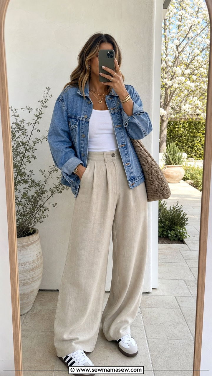 Denim Jacket With Linen Trousers And White Sambas - 25 spring outfits with adidas sambas