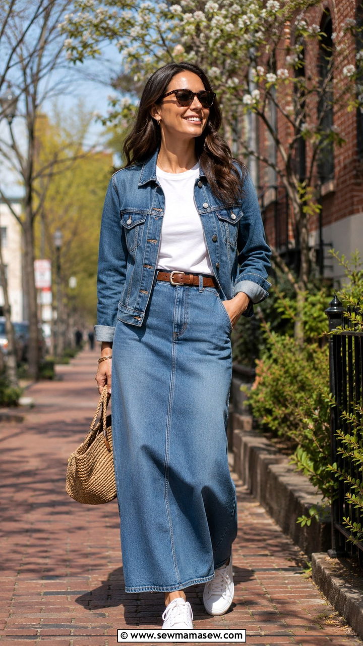 Denim Jacket With Matching Denim Maxi Skirt - 30 Early spring outfits