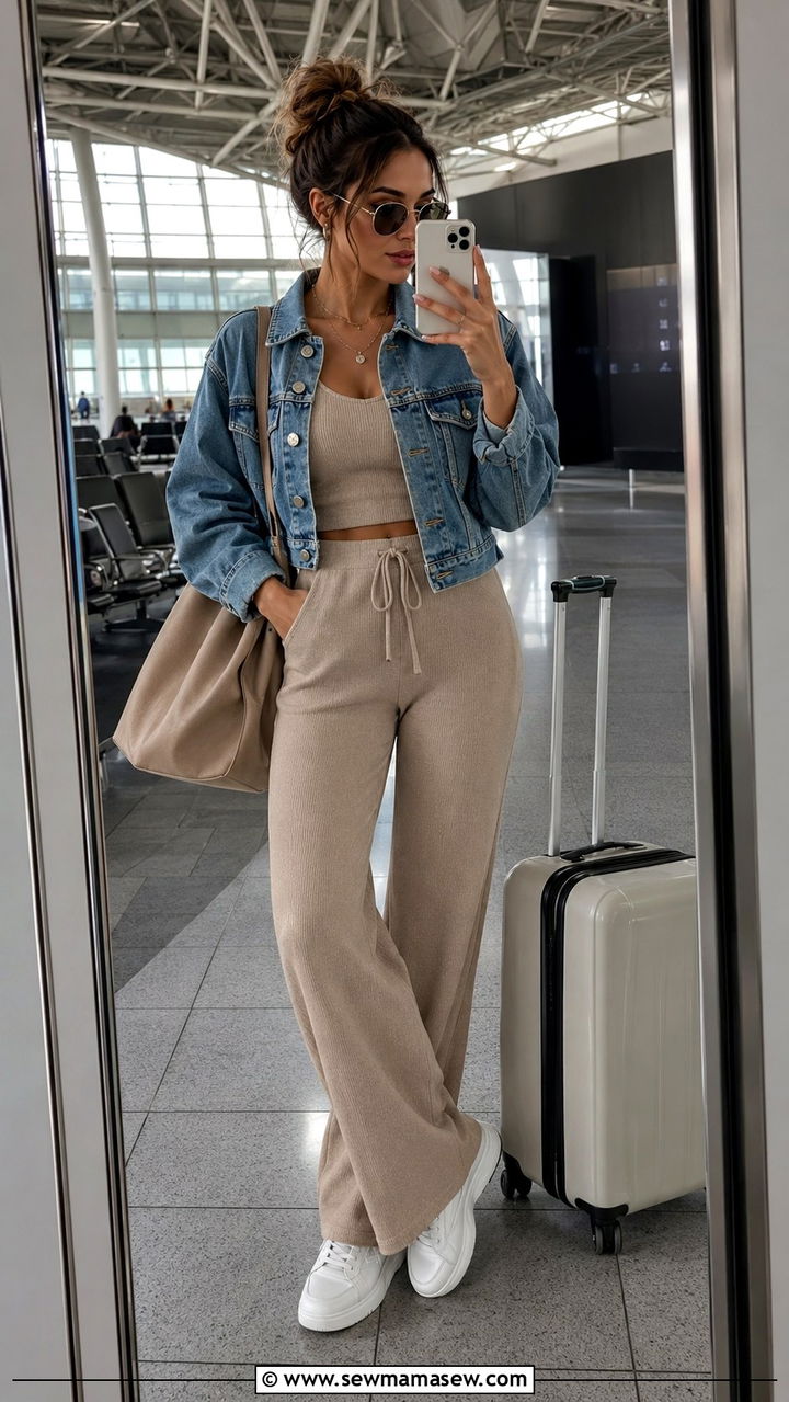 Denim Jacket With Matching Knit Lounge Set Airport Outfit - 30 How to style a denim jacket for travel