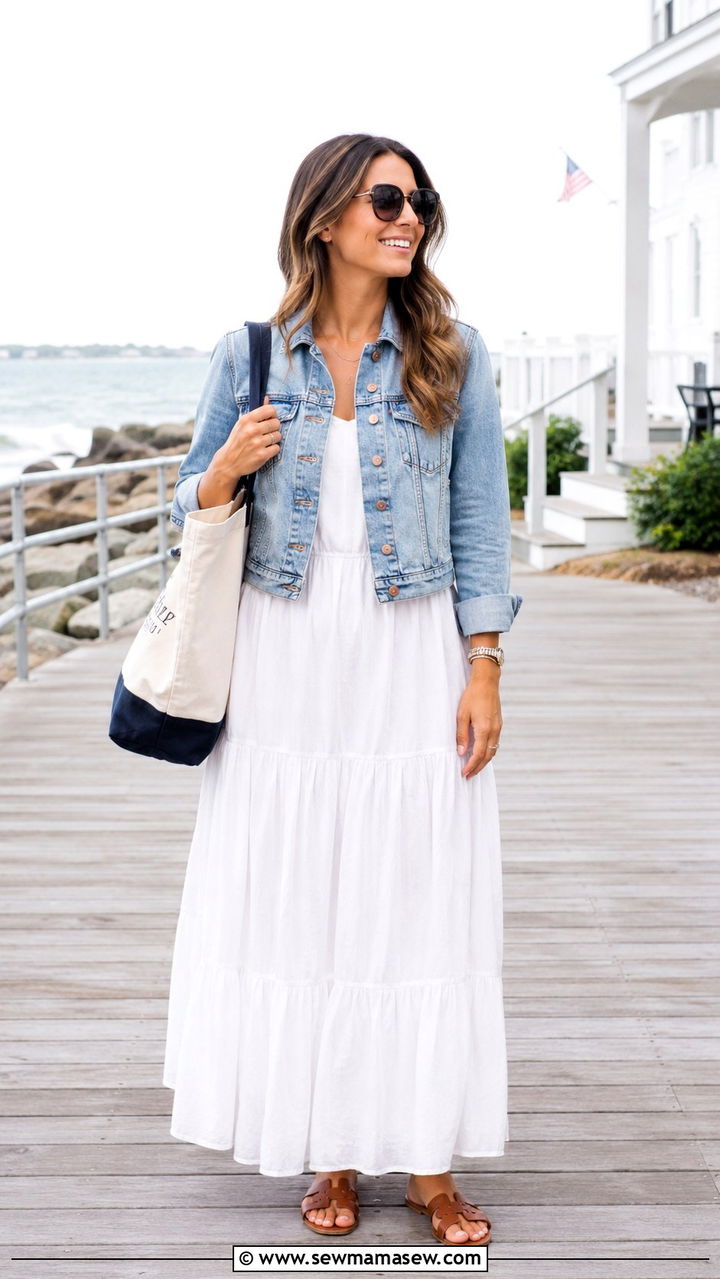 Denim Jacket With Maxi Dress And Flat Sandals - 30 Denim jacket outfit ideas with a dress