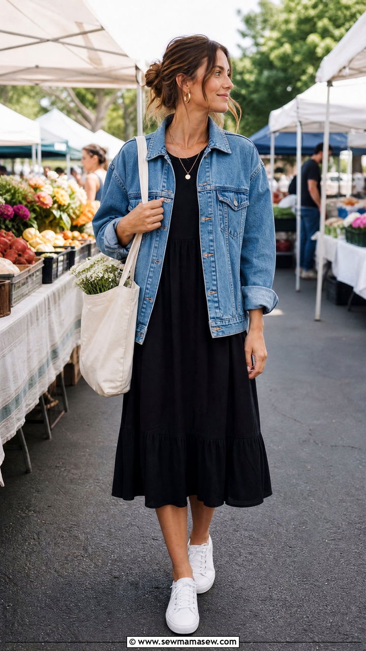 Denim Jacket With Maxi Dress And Sneakers - 30 brunch outfits aesthetic