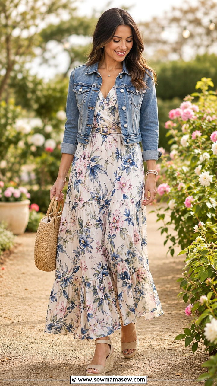 Denim Jacket With Maxi Dress and Wedge Espadrilles - 30 Denim jacket outfit ideas for spring