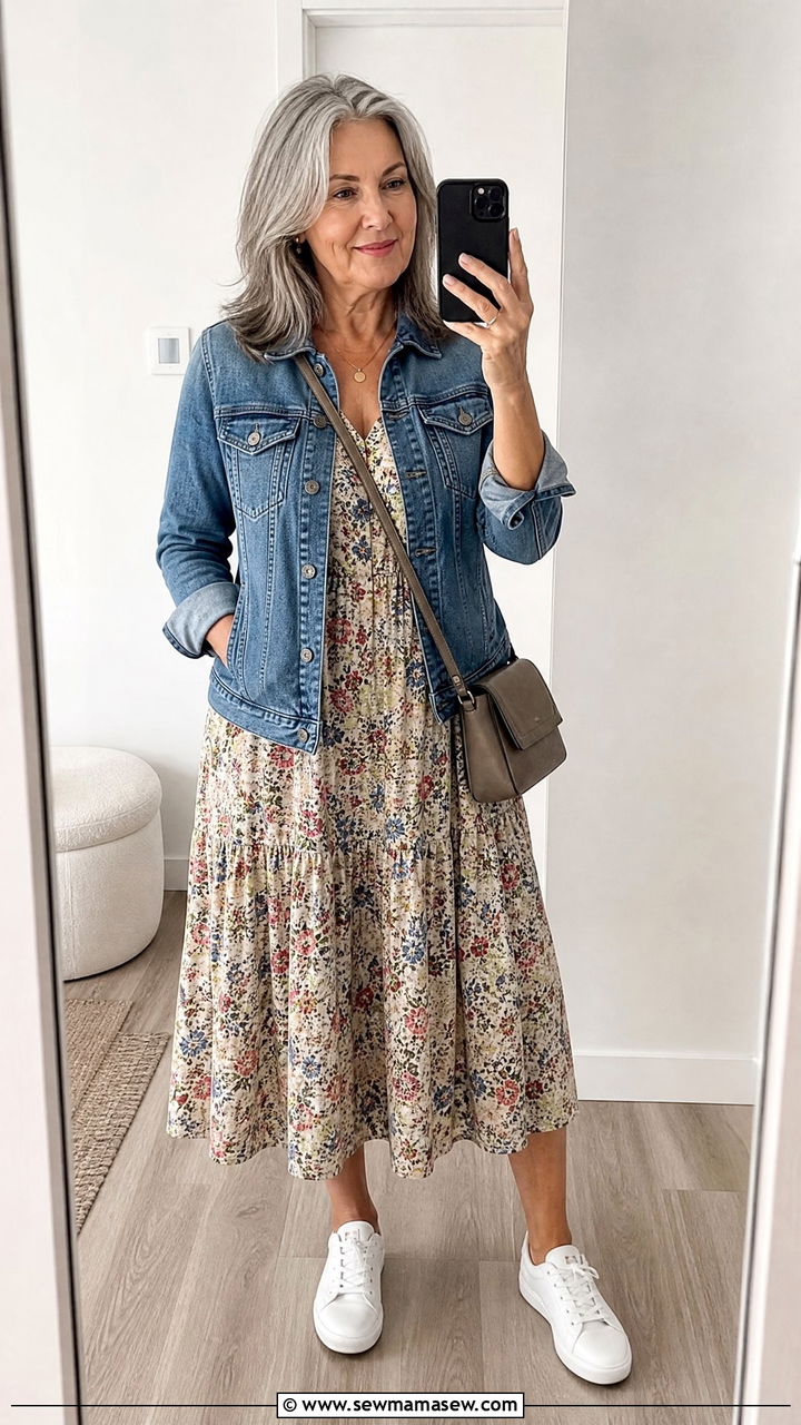 Denim Jacket With Midi Dress - 25 Outfit ideas for women over 50 weekend