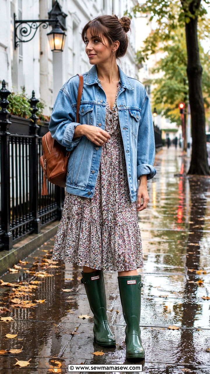 Denim Jacket With Midi Dress And Rain Boots - 30 Rainy day casual outfit ideas