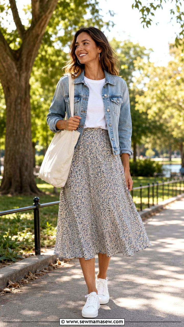 Denim Jacket With Midi Skirt And Sneakers Outfit - 25 Modest outfit ideas layering hacks