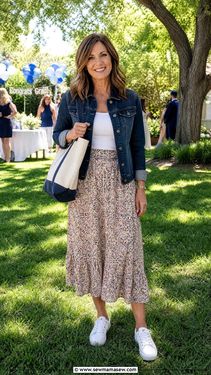 Denim Jacket With Midi Skirt For Casual Graduation - 35 Graduation outfits for women over 40
