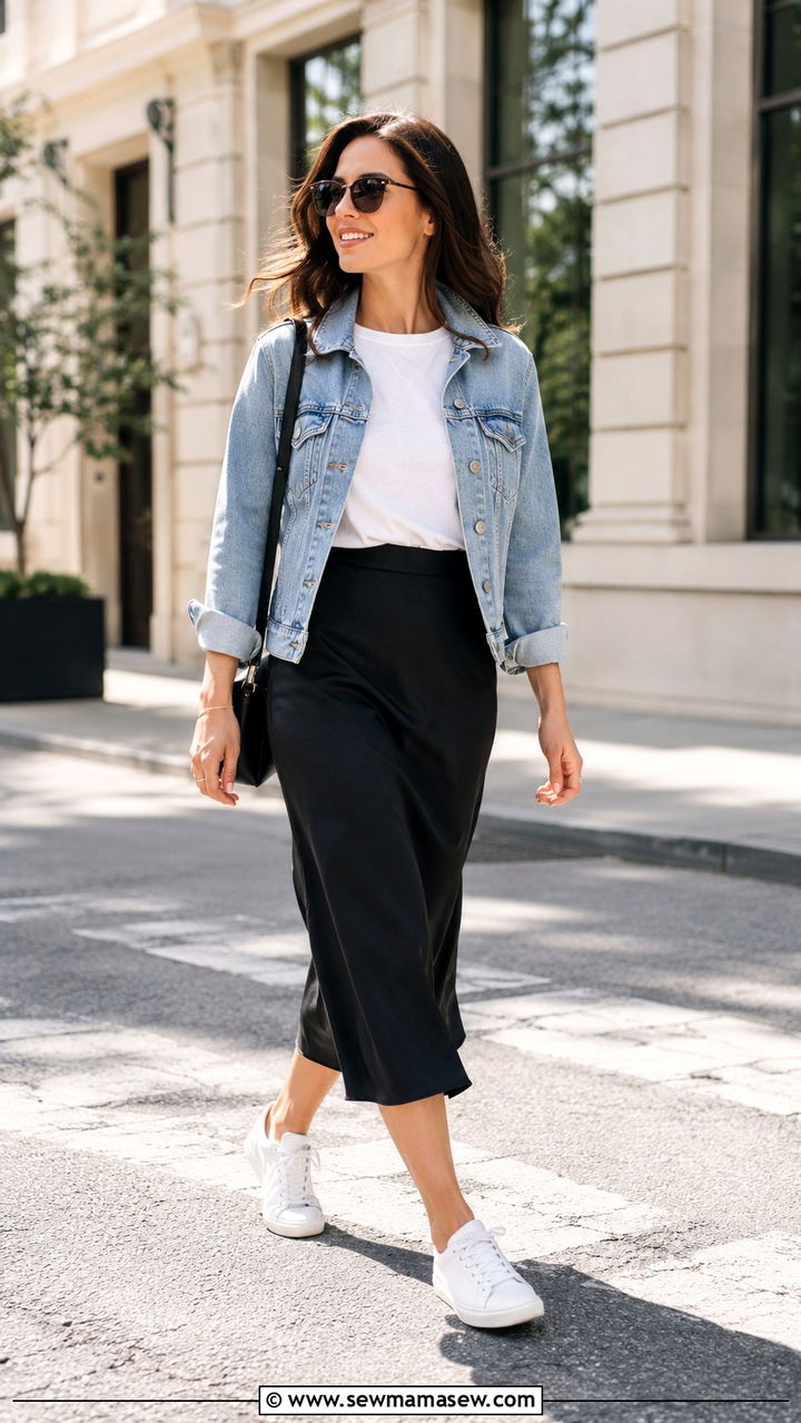 Denim Jacket With Midi Skirt and White Sneakers - 30 Spring outfits with sneakers