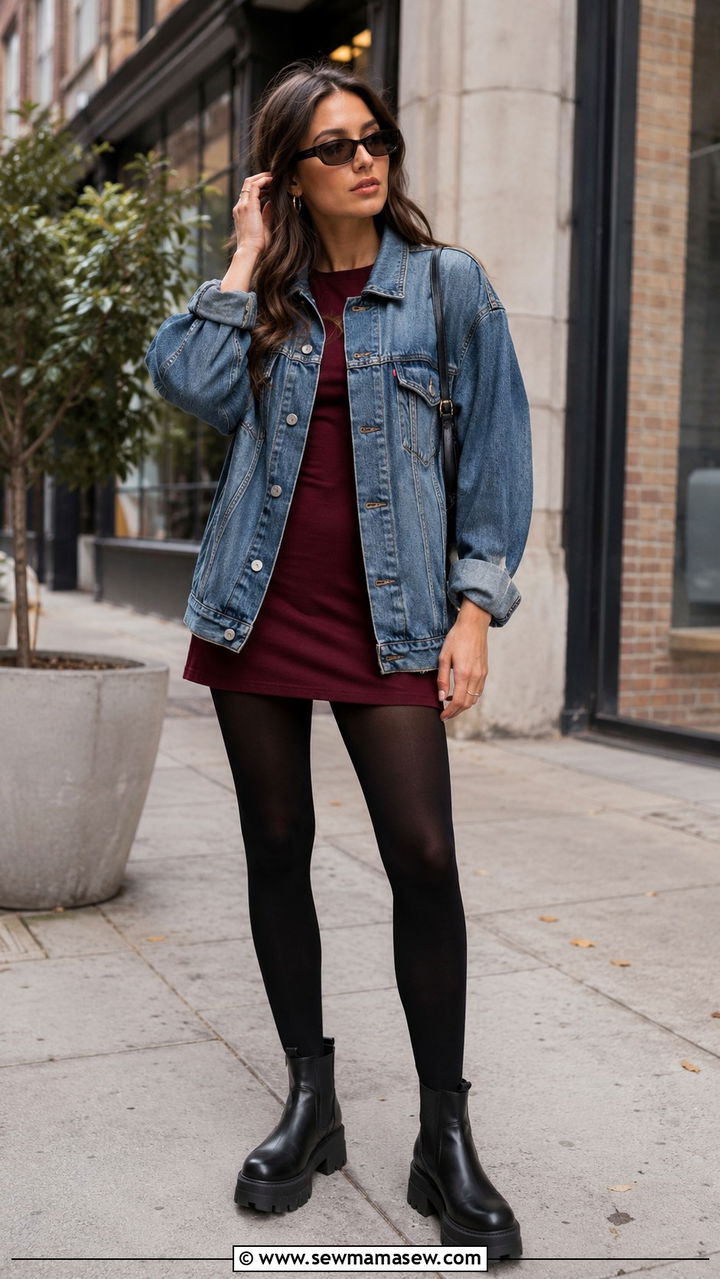 Denim Jacket With Mini Dress And Opaque Tights - 30 Denim jacket outfit ideas with a dress