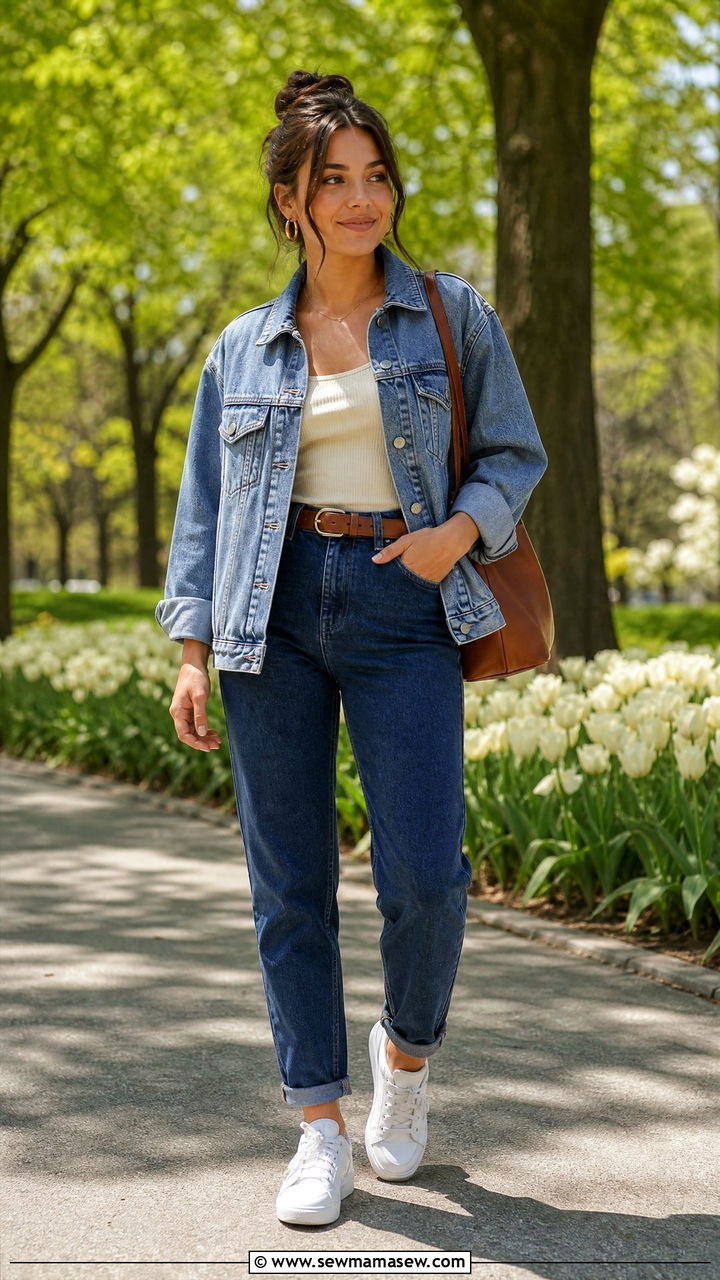 Denim Jacket With Mom Jeans And White Sneakers - 25 Spring outfits with mom jeans