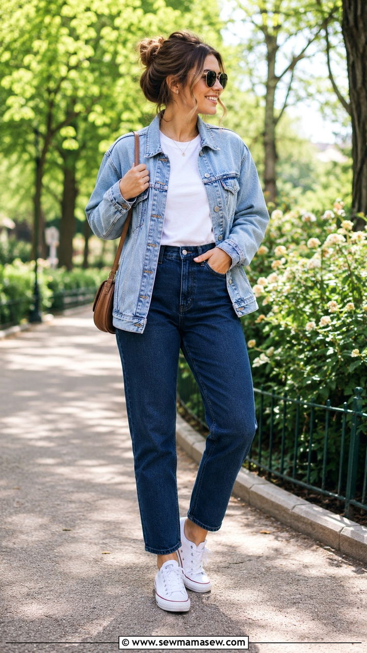 Denim Jacket With Mom Jeans and White Sneakers - 30 Mom jeans outfit ideas with white sneakers