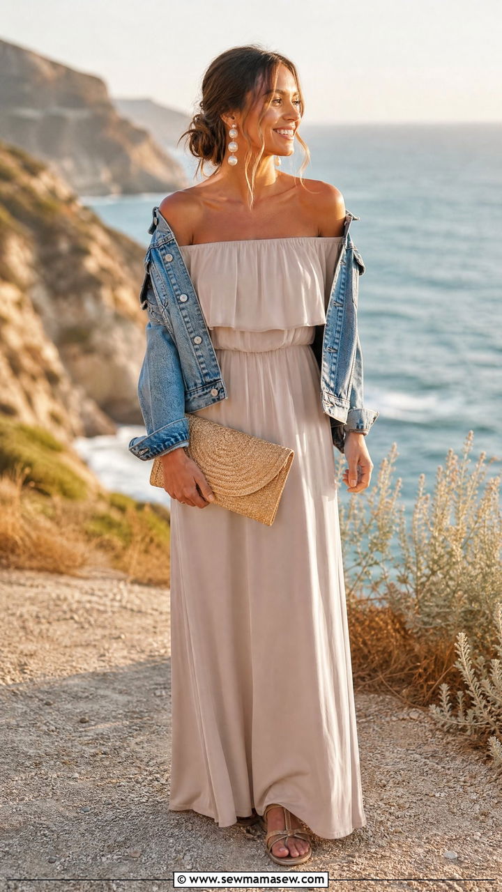 Denim Jacket With Off Shoulder Maxi Dress - 35 How to style a denim jacket for a wedding