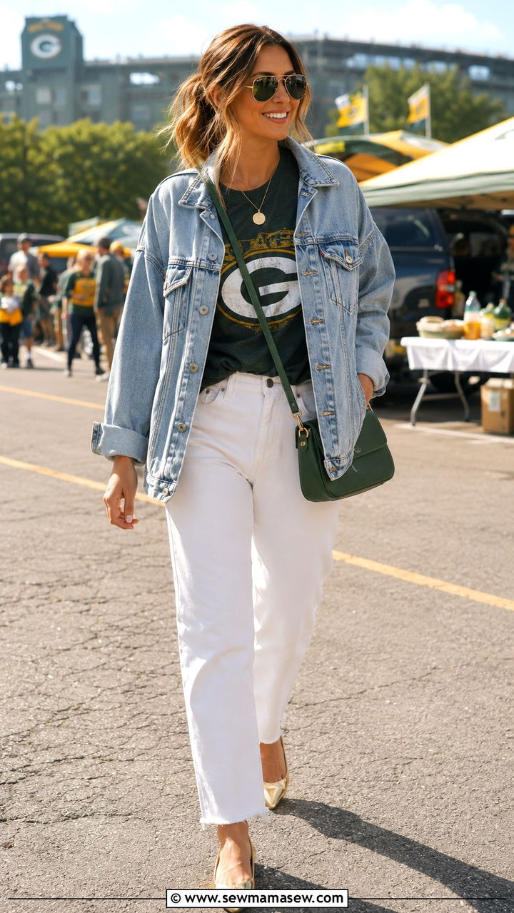 Denim Jacket With Packers Shirt And White Jeans Outfit - 20 Gameday outfit ideas Wisconsin