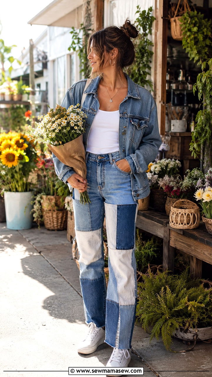 Denim Jacket With Patchwork Jeans And Simple Tank - 30 Denim jacket and jeans outfit ideas