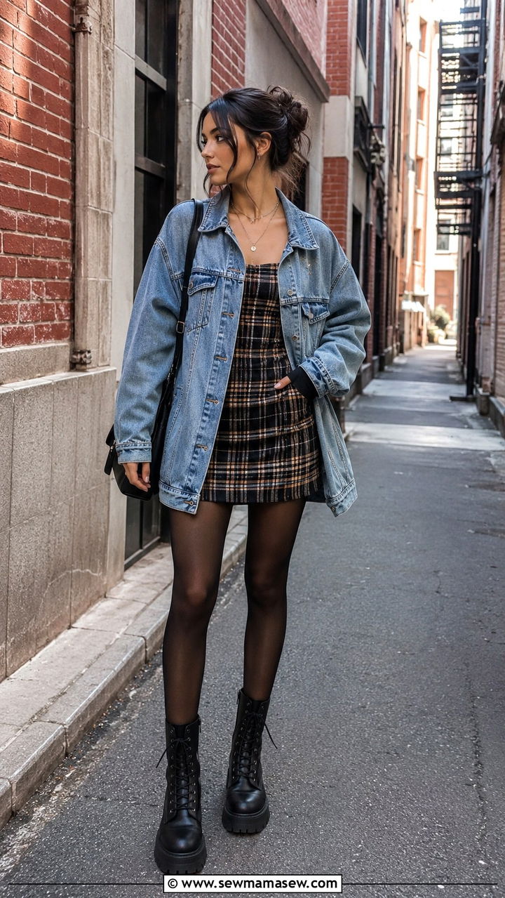 Denim Jacket With Plaid Dress And Combat Boots - 30 Denim jacket outfit ideas with a dress