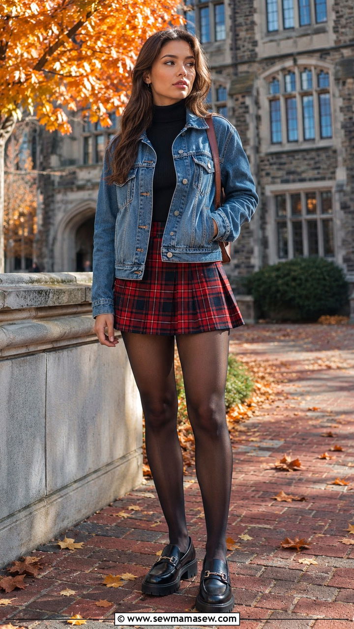 Denim Jacket With Plaid Mini Skirt - 30 Denim jacket outfit ideas with a skirt