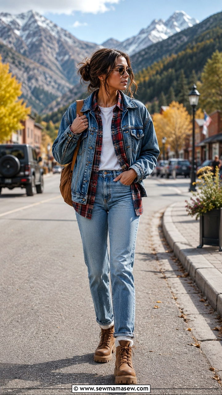 Denim Jacket With Plaid Shirt And Straight Jeans Travel Outfit - 30 How to style a denim jacket for travel