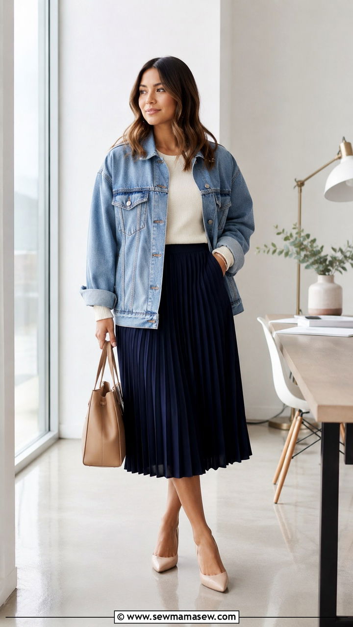 Denim Jacket With Pleated Midi Skirt - 30 Denim jacket outfit ideas with a skirt