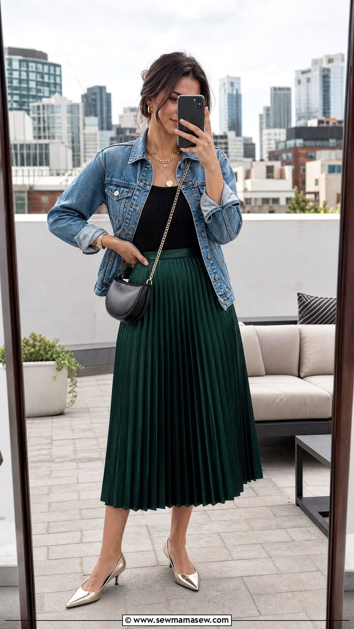 Denim Jacket With Pleated Midi Skirt And Tank - 35 How to style a denim jacket for a wedding