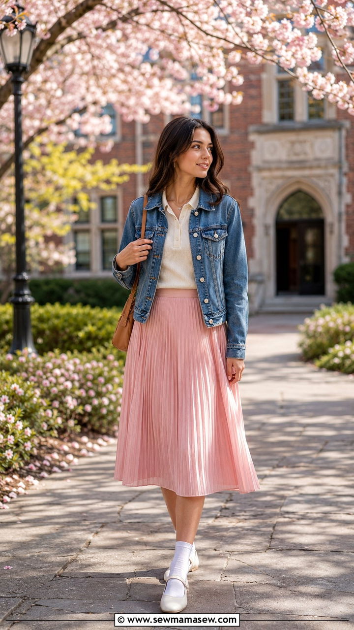 Denim Jacket With Pleated Midi Skirt Outfit - 30 spring denim jacket outfit ideas