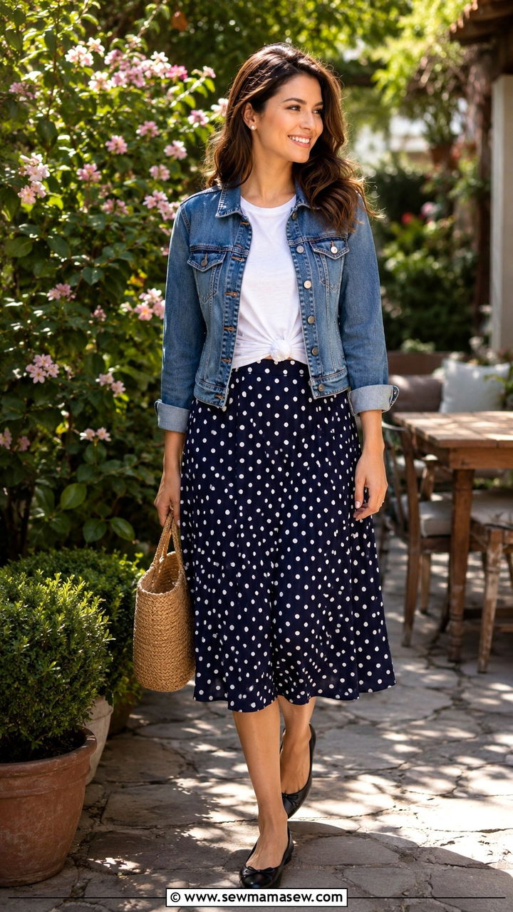 Denim Jacket With Polka Dot Skirt - 30 Spring outfits with denim jacket
