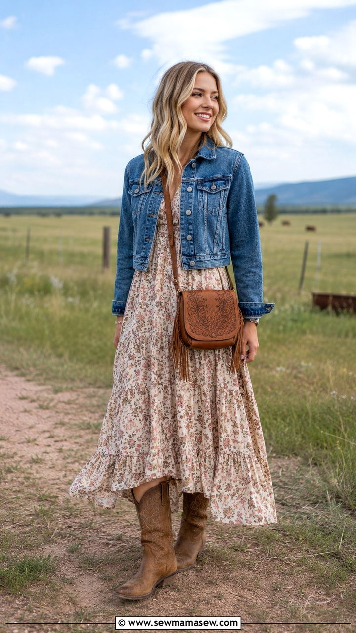 Denim Jacket With Prairie Dress And Western Boots - 30 Denim jacket outfit ideas with a dress