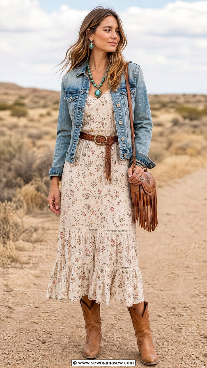 Denim Jacket With Prairie Dress And Western Boots - 35 How to style a denim jacket for a wedding