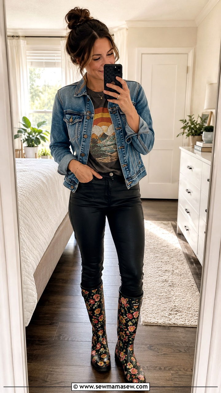 Denim Jacket With Printed Rain Boots And Graphic Tee - 25 rainy day outfits Pinterest