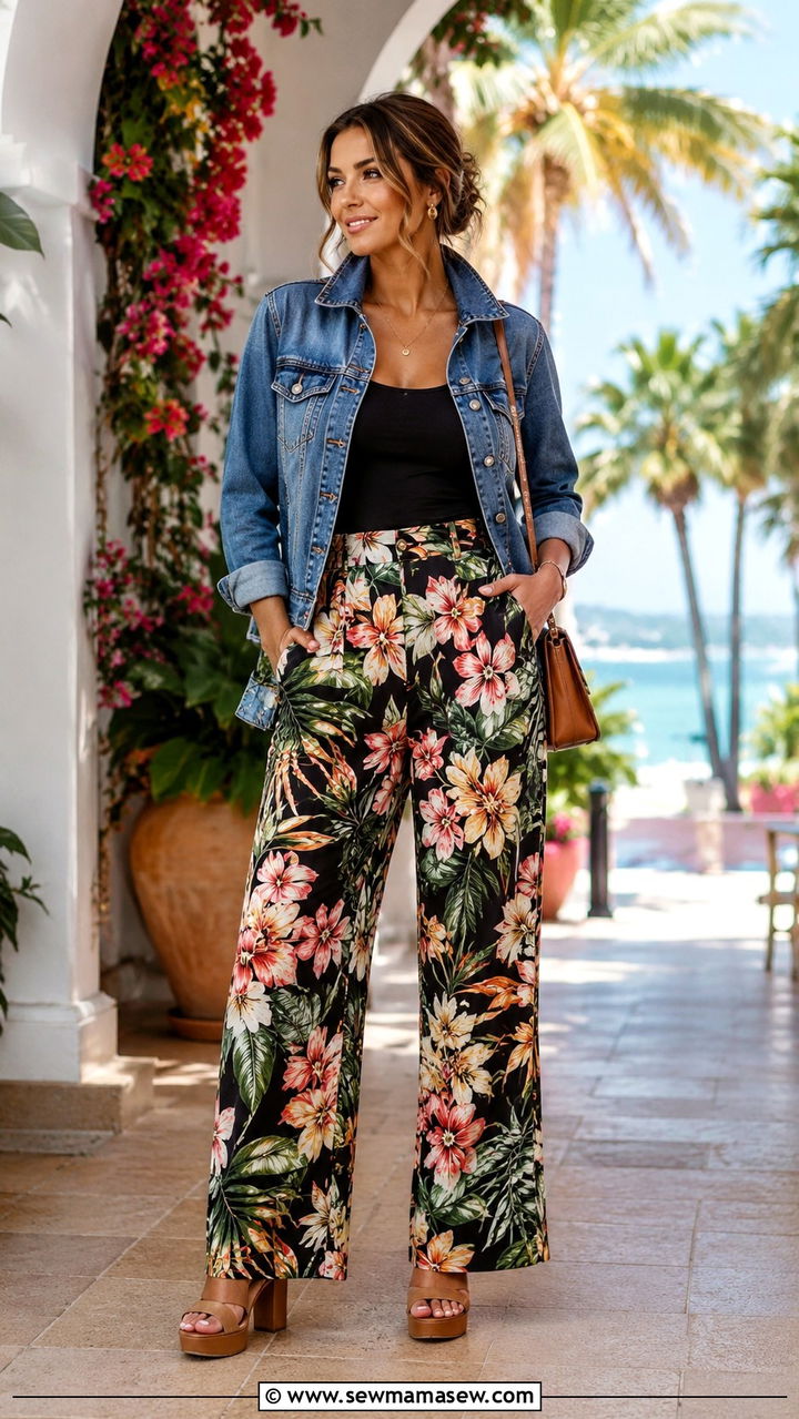 Denim Jacket With Printed Wide Leg Pants - 30 spring denim jacket outfit ideas
