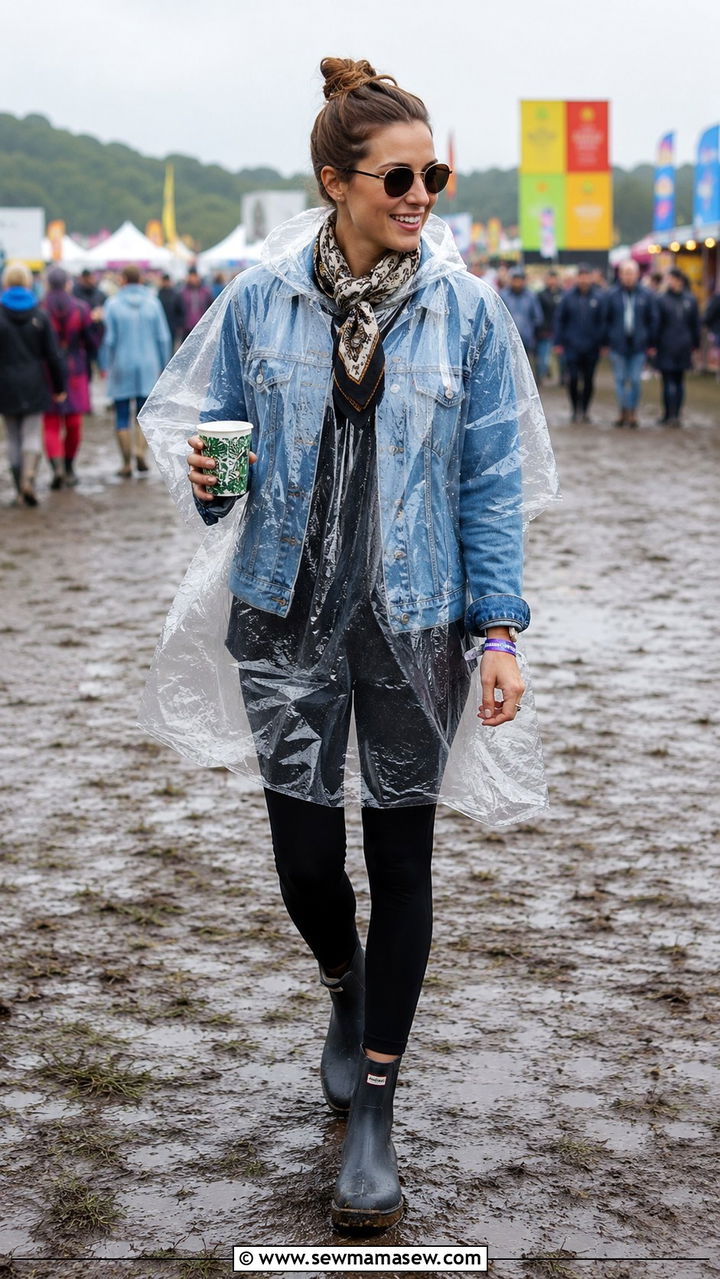 Denim Jacket With Rain Poncho and Leggings - 25 Rainy festival outfit ideas