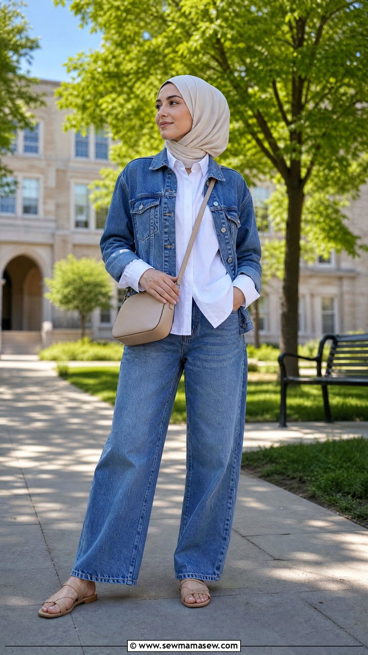 Denim Jacket With Relaxed Jeans And White Shirt - 30 modest classy outfits for women