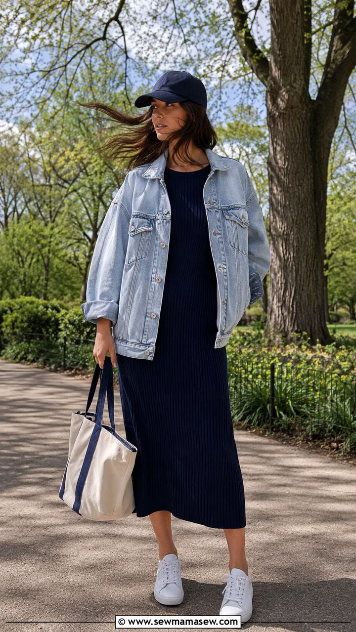 Denim Jacket With Ribbed Midi Dress And Sneakers - 25 windy day outfits aesthetic