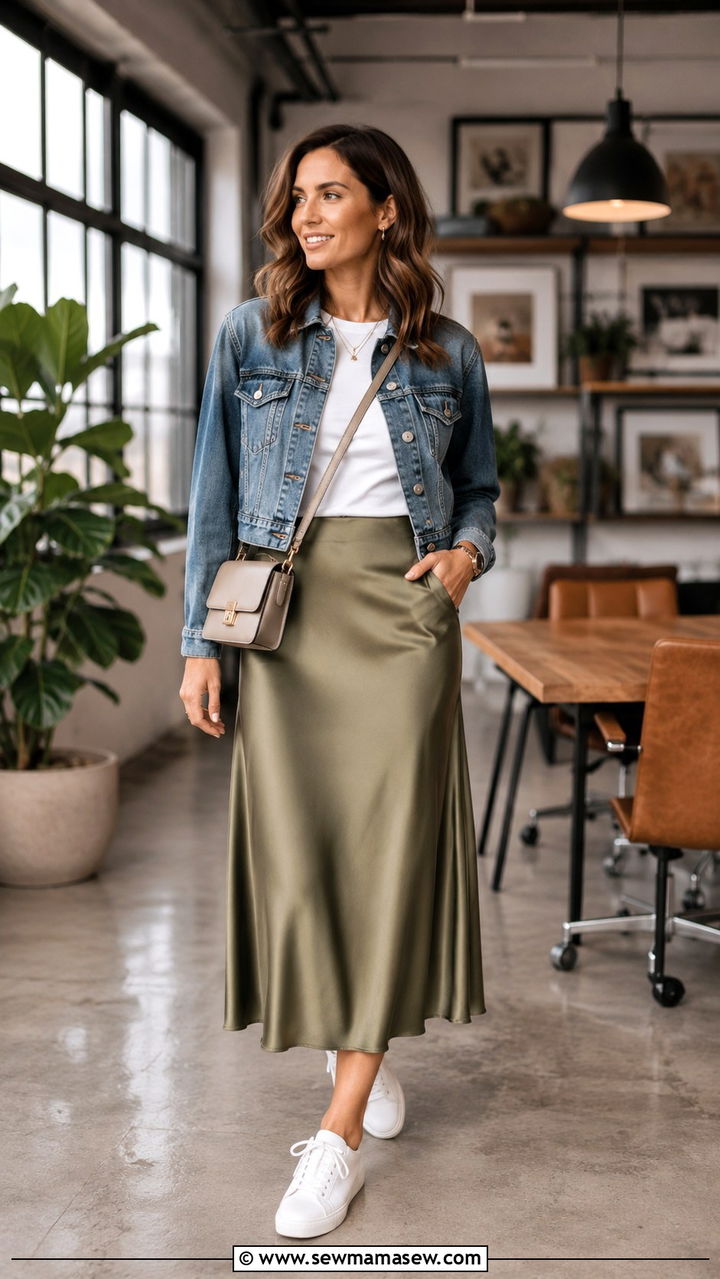 Denim Jacket With Satin Midi Skirt Business Casual - 30 Satin midi skirt outfit ideas for work