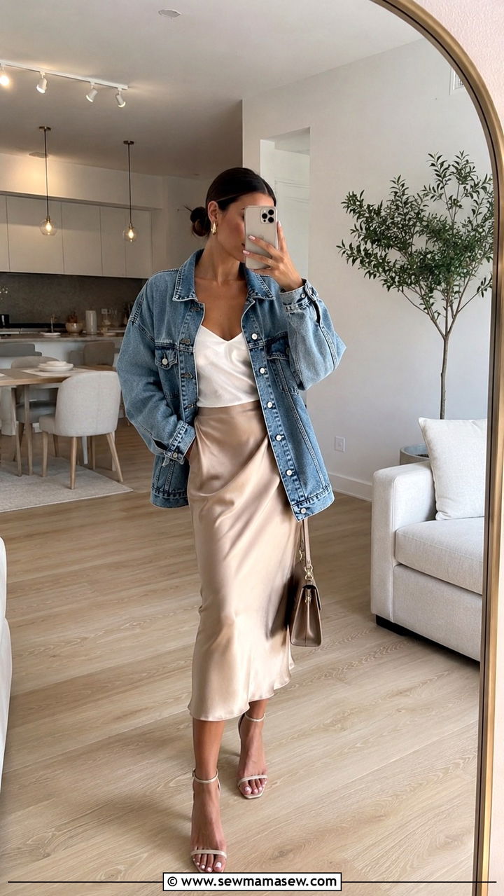 Denim Jacket With Satin Slip Skirt - 30 Denim jacket outfit ideas with a skirt