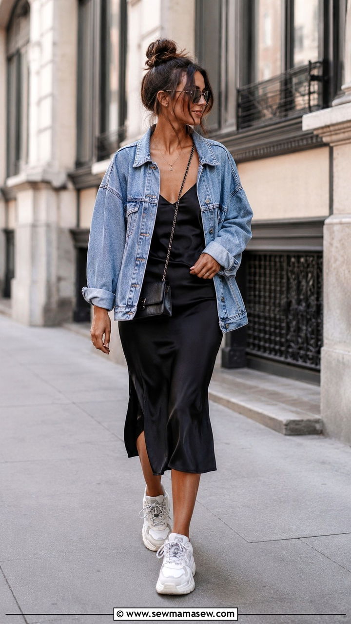 Denim Jacket With Slip Dress And Chunky Sneakers - 30 Denim jacket outfit ideas with a dress